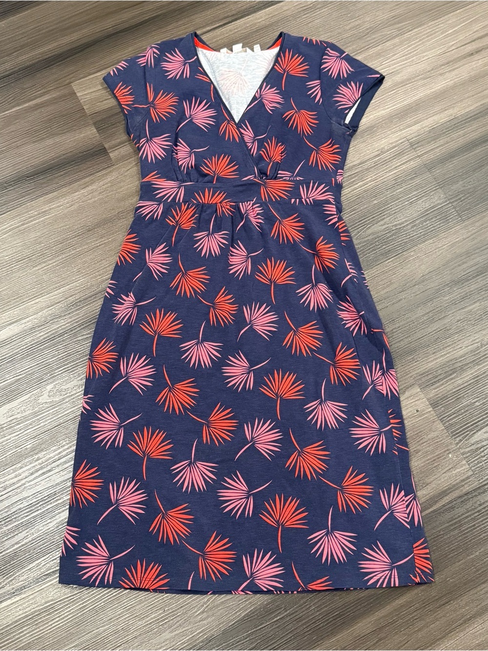 Boden Casual Jersey Day Dress 4R Navy Palm Leaf Faux Wrap J0118